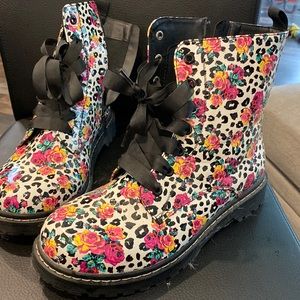 Betsey Johnson Leopard Floral Combat Boots